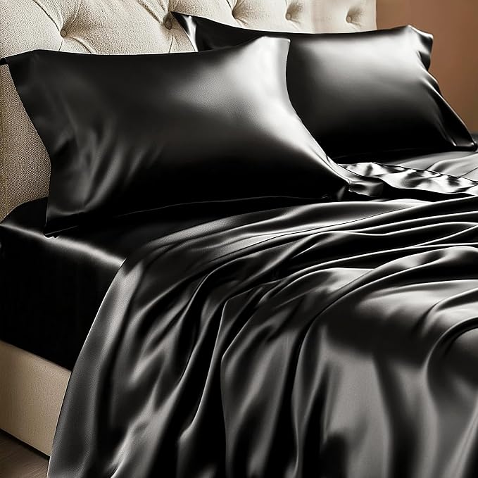 BEDELITE King Size Sheets Set, Luxury Soft Black Satin Sheets by BEDELITE