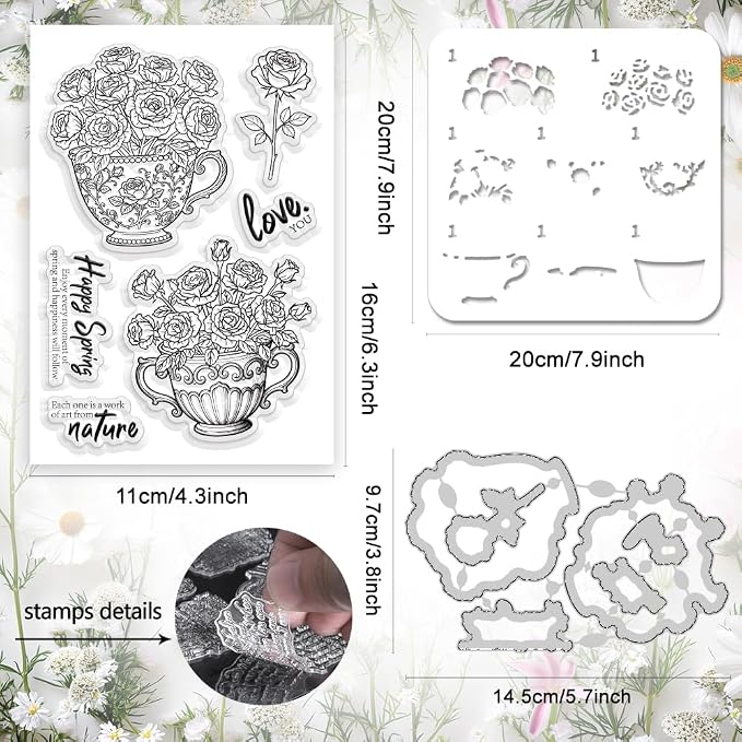 Rose Clear Stamps and Dies for Card Making Layering Coloring Stencil Set Metal - Image 2
