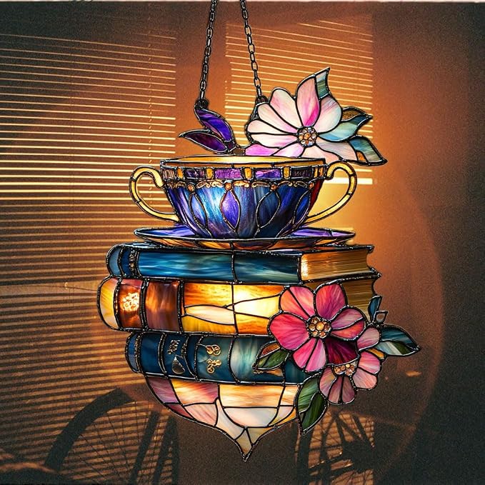 Floral Coffee Cup and Books Acrylic Suncatcher Stained Glass Effect Window Car - Image 7