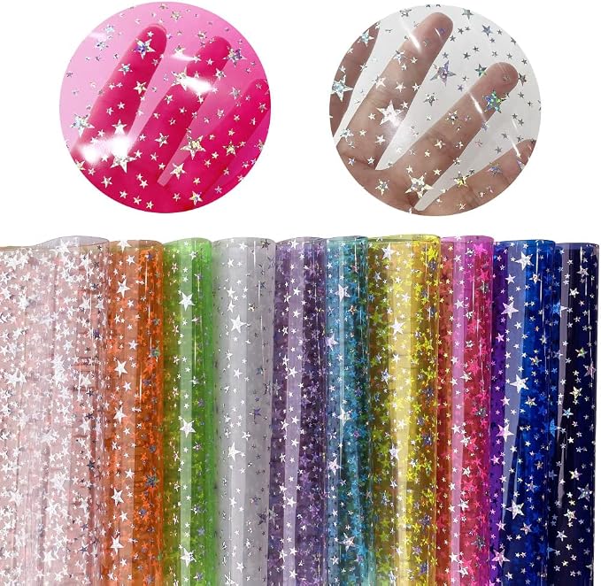 XHT 10 Pcs Sparkle PVC Vinyl Fabric, 8.3"x11.8" Clear Laser Star Printed by XHTFauxLeather