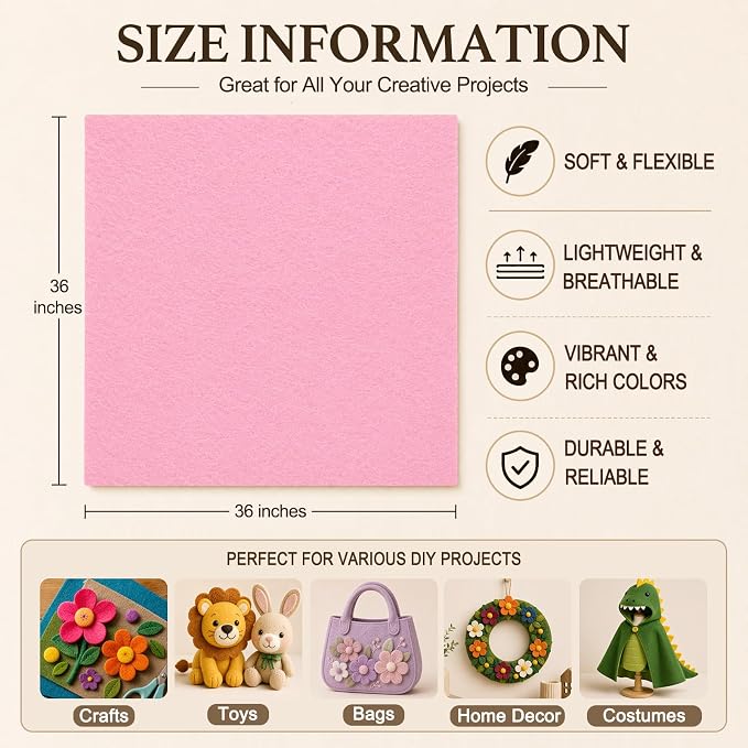 Baby Pink Large Felt Fabric 36" x 36", 1.4 mm Soft Felt Sheet, Nonwoven Fabric - Image 3