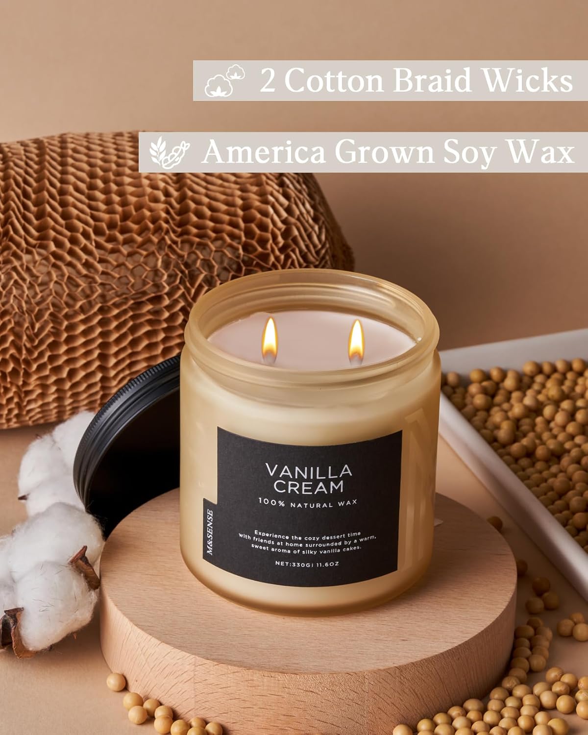 M&SENSE Vanilla Soy Candles, Medium 2 Wick 11.6oz 70 Hours Burning Time, All Natural Organic Soy Wax, Relaxing Aromatherapy Scented Candle, Housewarming Gift for Women and Men