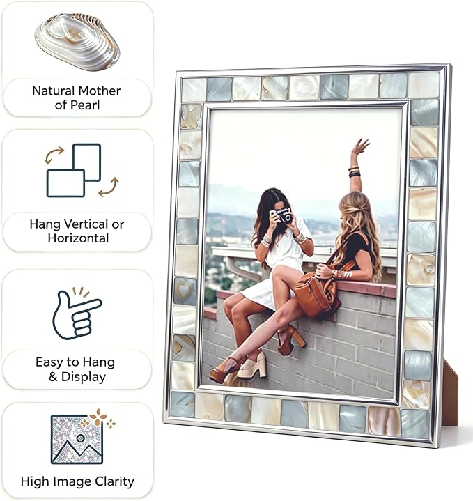 Mother of Pearl Picture Frame 8x10, Wall or Tabletop, Mosaic Family Glass Photo - Image 2