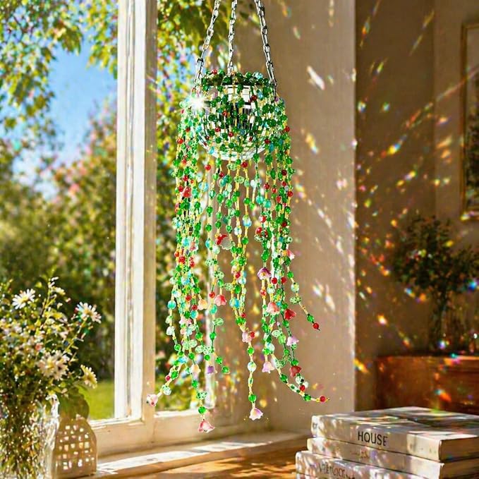 Beaded Plant Kit Green Glass Beads Flower Leaf Suncatcher Disco Ball Hanging - Image 5