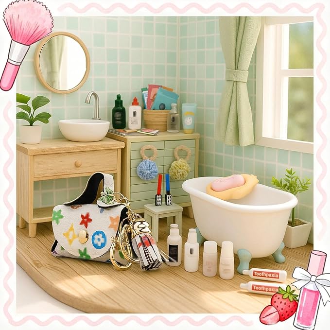 72Pcs Dollhouse Mini Jewelry Storage Case Handbag Towel Cosmetic Set Bathroom - Image 3