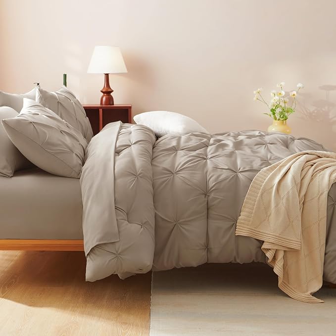 CozyLux Full Size Comforter Sets Khaki, 7 Pieces Pintuck Bed in A Bag Khaki - Image 6