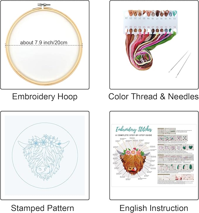 Louise Maelys Highland Cow Stamped Embroidery Kit Floral DIY Craft | Complete - Image 2