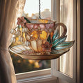 Golden Teacup with Pink Lilies Acrylic Suncatcher by Unknown
