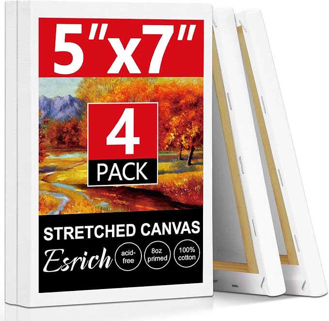 ESRICH Small Canvases for Painting 5x7, 4 Pack Stretched Canvases for Painting by ESRICH