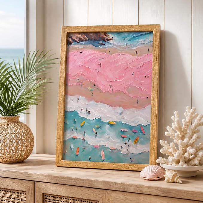 Framed Pink Girl Coastal Canvas Wall Art, Beach Surfers on Pastel Sand Painting - Image 3
