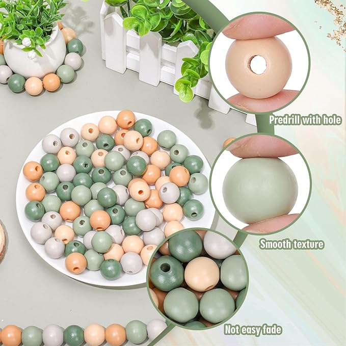 Whaline 240 Pcs Sage Green Beige Wood Beads Natural Color Round Loose Beads - Image 3