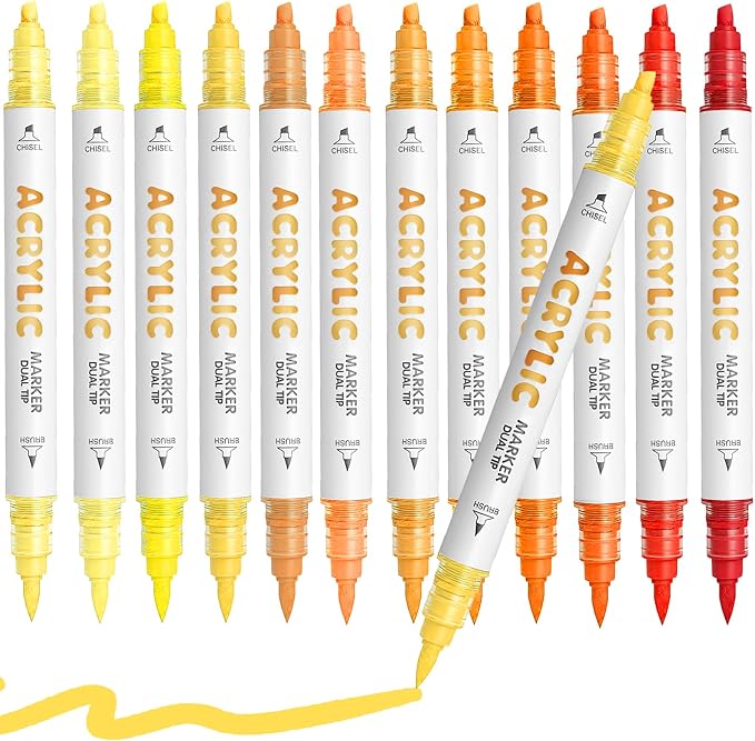 Yellow Orange Acrylic Paint Pens, Water Based 12 Colors Dual Tip Acrylic Paint by DIYChristmasGiftSupplies