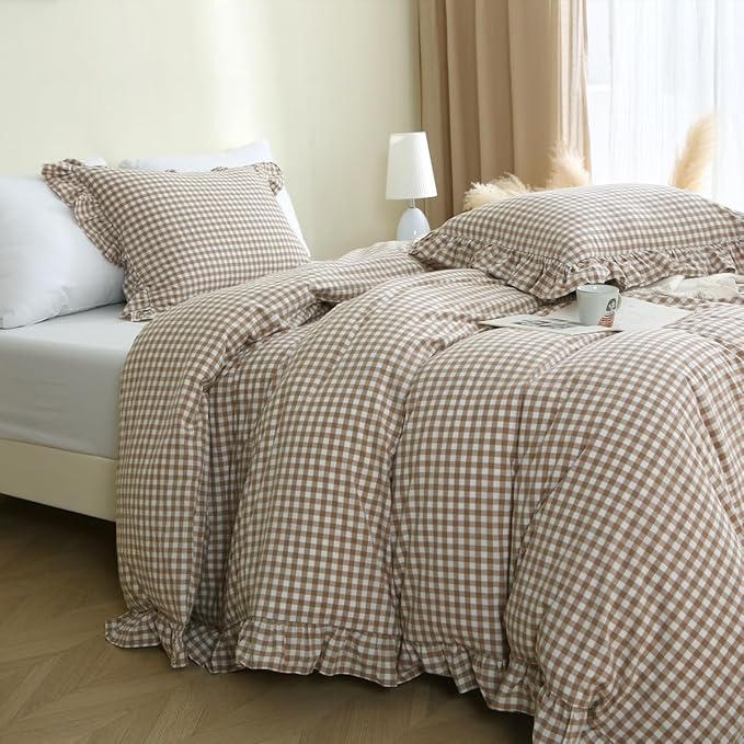 Silnuo Taupe/White Plaid Ruffle Duvet Cover Queen Size, 100% Washed Cotton 3 - Image 2