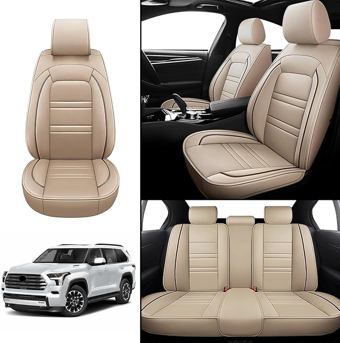 Seat Covers for Toyota Sequoia 2008-2025 | 5-Seats Leather Seat Covers, Easy to Install Automotive Seat Covers Full Set (Full Set, Beige)