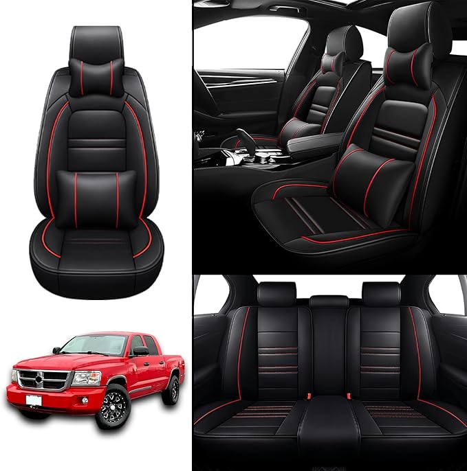 Car Seat Covers for Dodge Dakota 2000-2011 | 5-Seats Seat Covers, Waterproof Seat Protectors, Automotive Seat Covers (Full Set with Pillow,Black&Red Line)