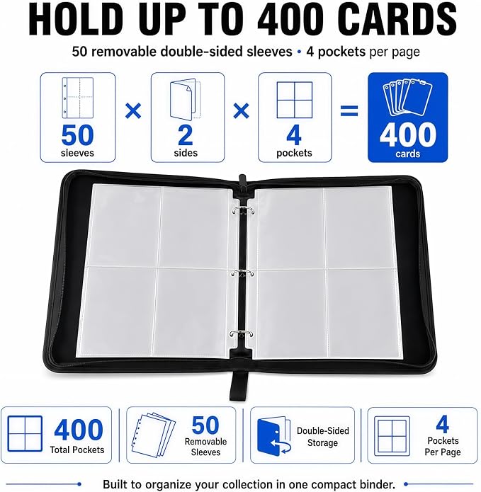4 Pocket Card Binder with 50 Removable Sleeves, Holds 400 Cards | 3 Ring Zipper - Image 7