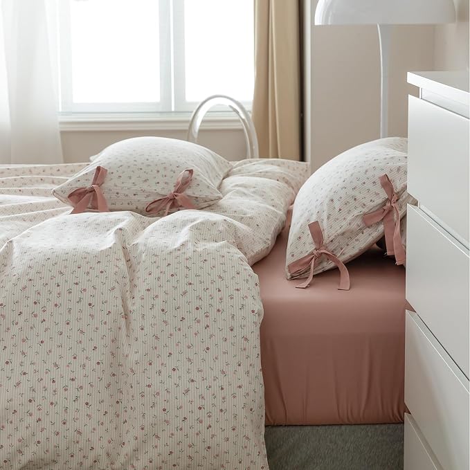 mixinni White Flower Pattern Duvet Cover Queen Cottage Pink Floral Stripes - Image 5