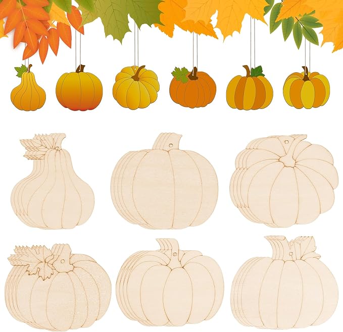 24 PCS Unfinished Wooden Fall Crafts, Pumpkin Shaped Hanging Ornaments DIY Wood by Sereliy