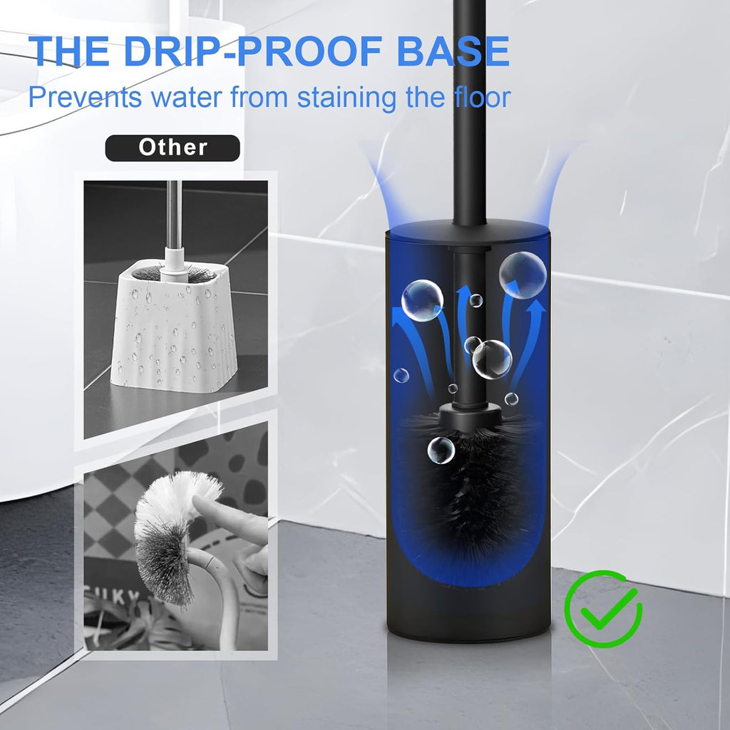 304 Stainless Steel Toilet Bowl Brush and Holder Set, Circular Floor Toilet Brush Holder, Long Handle, Bathroom Heavy-Duty Cleaner, High-End Cylinder Wall (Black) YIGUANXIN