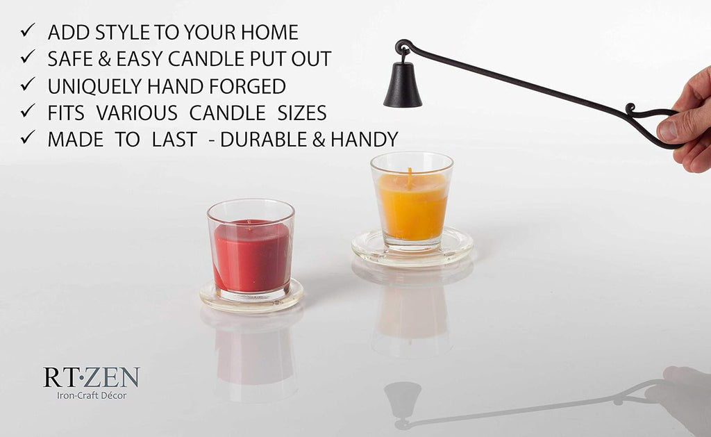 RTZEN Rustic Bell Candle Snuffer - Handcrafted Decorative Rustic Wrought Iron Candle Extinguisher Candlesnuffer with Long Handle - Unique Black Matte Farmhouse Decor Accessories Gift