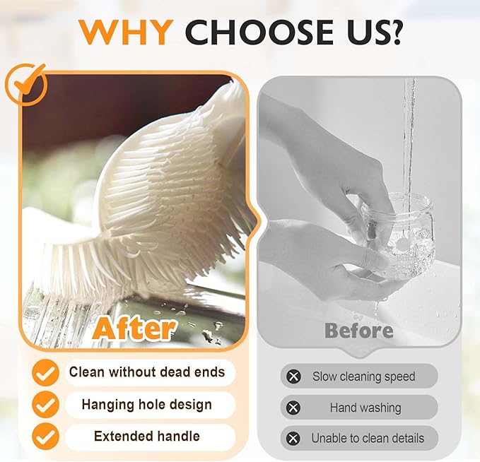 360° Flexible Silicone Bottle Brush with Long Handle,2025 New Multifunction Cleaning Foldable Cleaning Tool,Soft Bristle Silicone Cup Brush for Narrow Neck Bottles,Water Bottles (White/1pcs)