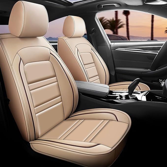 Seat Covers for Dodge Challenger 2008-2023 | 5-Seats Leather Seat Covers, Easy to Install Automotive Seat Covers Full Set (Full Set, Beige)