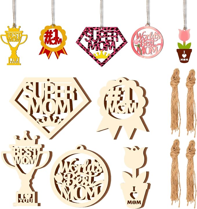 Mom Gift 40Pcs 5 Style Unfinished Wooden Mother's Day Ornaments DIY Craft by Tmflexe