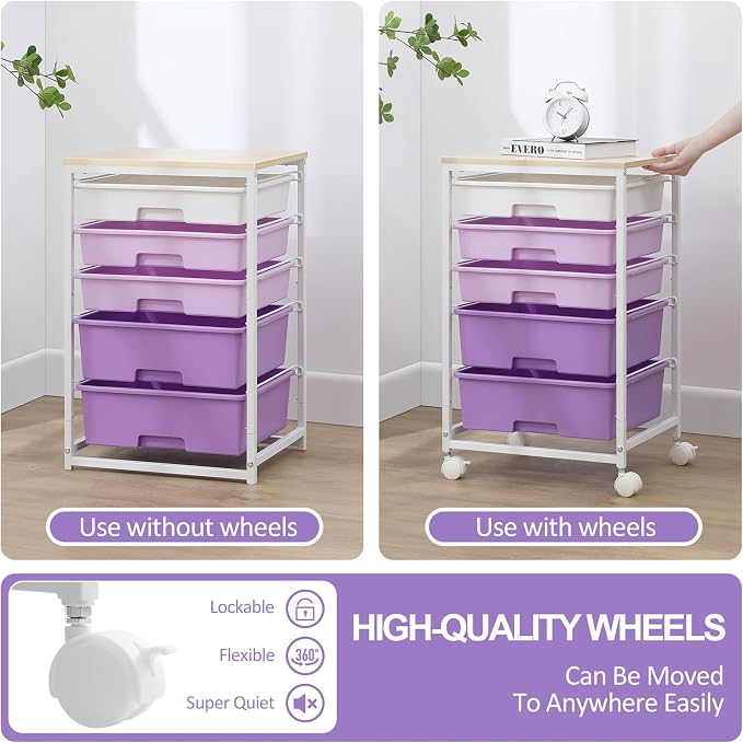 SYKIARIOL Utility Cart with 5 Drawers, Storage Drawer Cart with Wooden Tabletop - Image 7