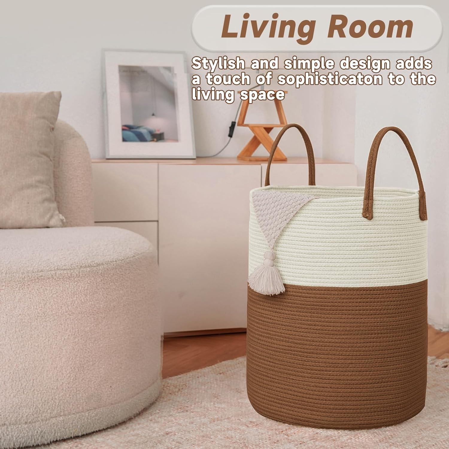 Large Woven Laundry Basket Hamper,80L Cotton Rope Storage Bin for Blankets,Toys and Clothes,Decorative Tall Nursery Hamper for Living Room,Baby Nursery,Bathroom and Bedroom,White and Brown