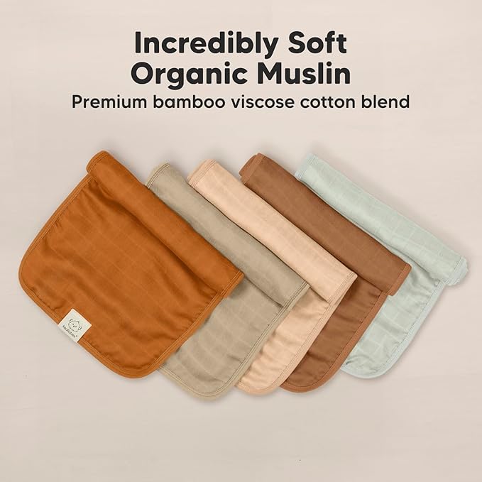 5-Pack Cotton Muslin Burp Cloths Baby Girls, Boys - Soft & Absorbent Spit Up Burp Rags, Large Muslin Towel, Cotton Wash Cloths for Babies, Newborn, Infant, No Shrink, Durable, Neutral (Spice)
