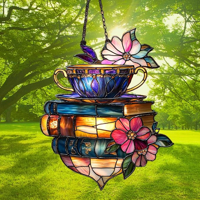 Floral Coffee Cup and Books Acrylic Suncatcher Stained Glass Effect Window Car - Image 3