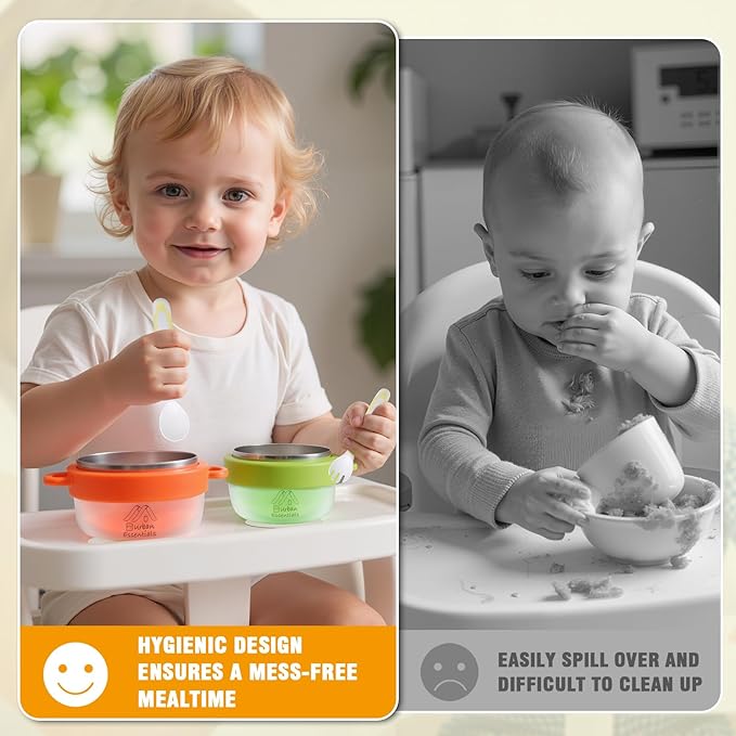 Baby Bowl with Suction, BPA-Free, Premium Food Grade 304 Stainless Steel, Thermo-Color Changing, Foldable Spoon & Fork, Non-Slip Handles for Babies, Toddlers, Kids (Green)