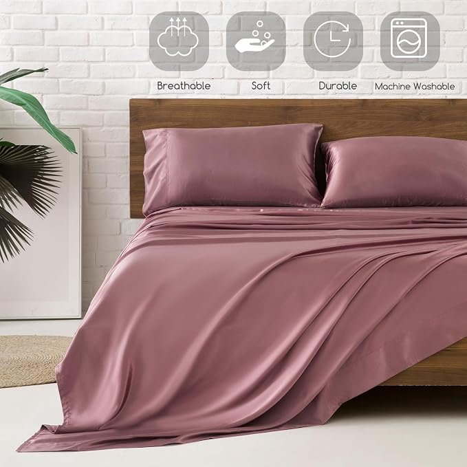 MR&HM Satin Bed Sheets Set, Twin XL, Rose Taupe, 600 Thread Count, 15 Inches - Image 5