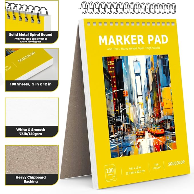 Soucolor Marker Paper Sketchbook, Bleedproof Maker Paper 9"x12" | Professional - Image 2
