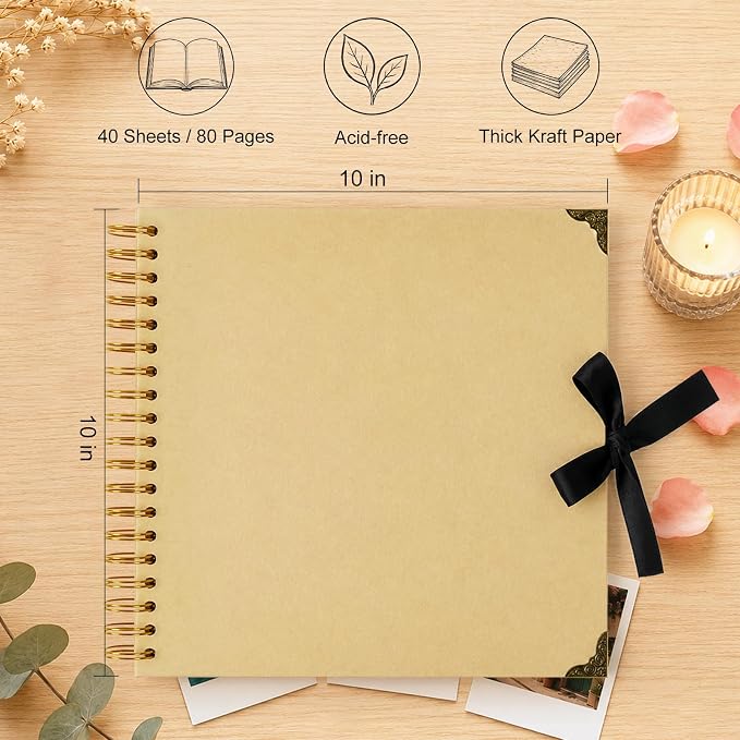 Scrapbook Album 10 Inch 40 Sheets 80 Pages, Kraft Paper Cover DIY Photo Album - Image 3