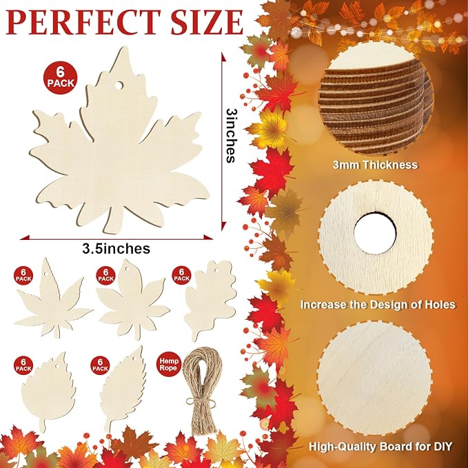 36PCS Wooden Fall Ornaments to Paint Thanksgiving Decorations, 6 Styles DIY - Image 2