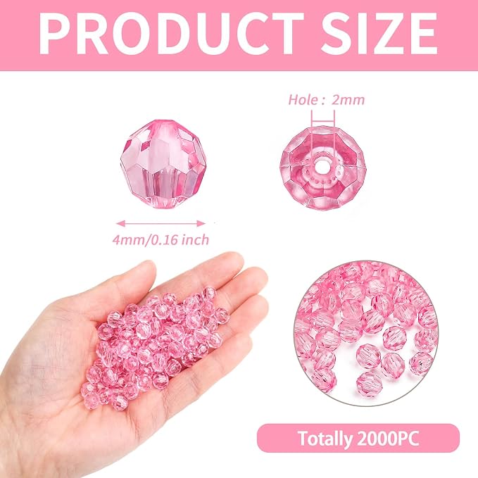 BONNY BOXX 2000pcs 4mm Acrylic Faceted Round Crystal Beads Transparent Pink - Image 3