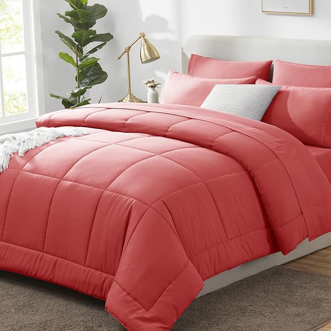 CozyLux Queen Comforter Set Coral, 7 Pieces Bed in a Bag, Coral Comforters by CozyLux