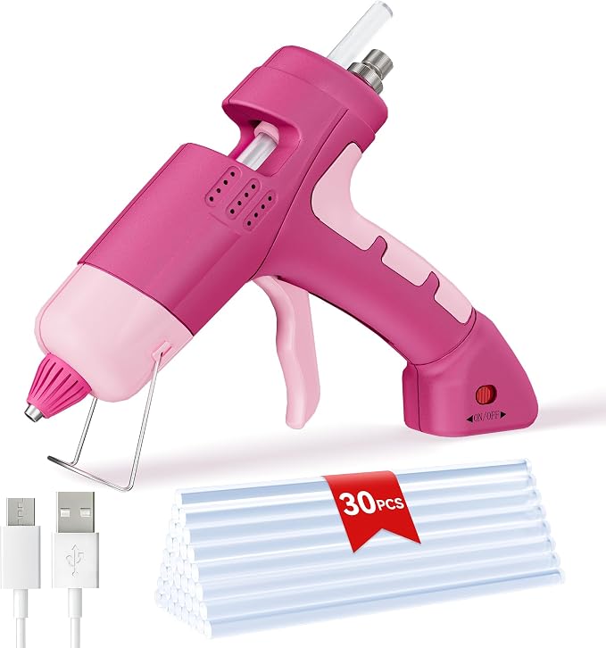 20W Cordless Hot Glue Gun with 30 Sticks Set, Rechargeable Pink Mini Glue Gun by HHieratic