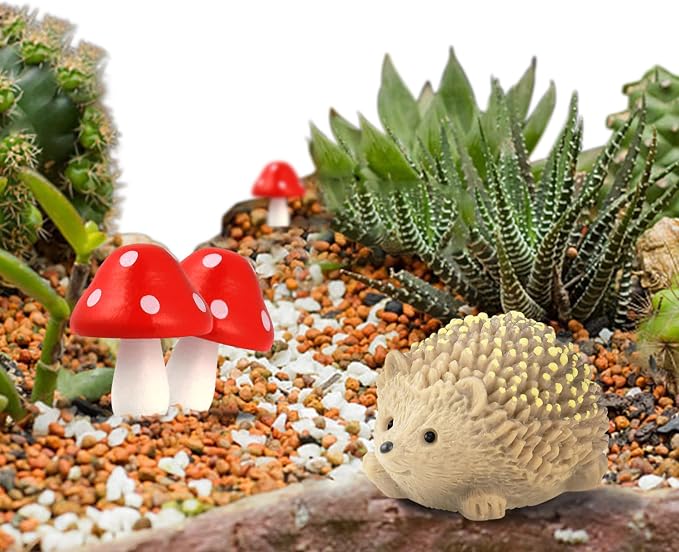 CooBigo 6 Pack Resin Hedgehogs & Wood Mushroom Sculpture, Fairy Wild Garden by CooBigo