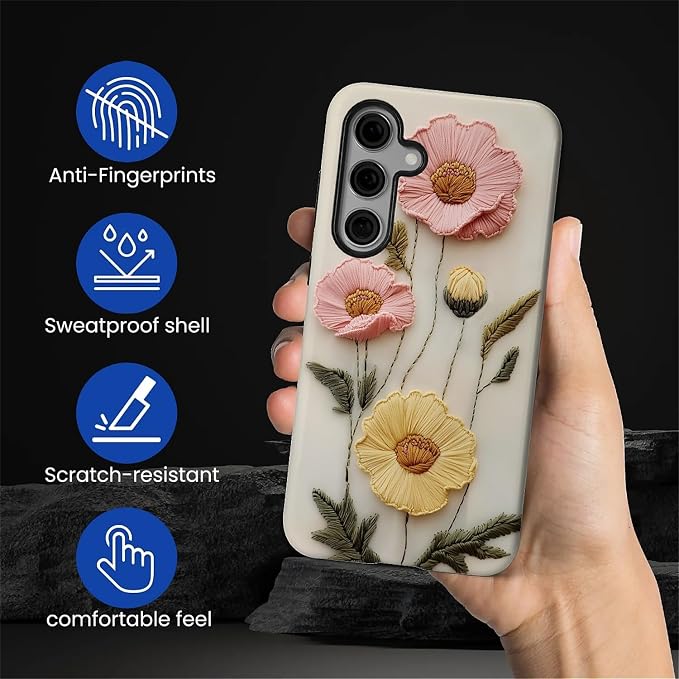 Case for Samsung Galaxy S24 Plus Case, Faux Embroidery Boho Floral Design - Image 3