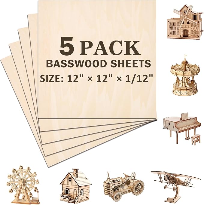5 Pack Basswood Sheets for Crafts, Wood Burning, Architectural Models by MITINU