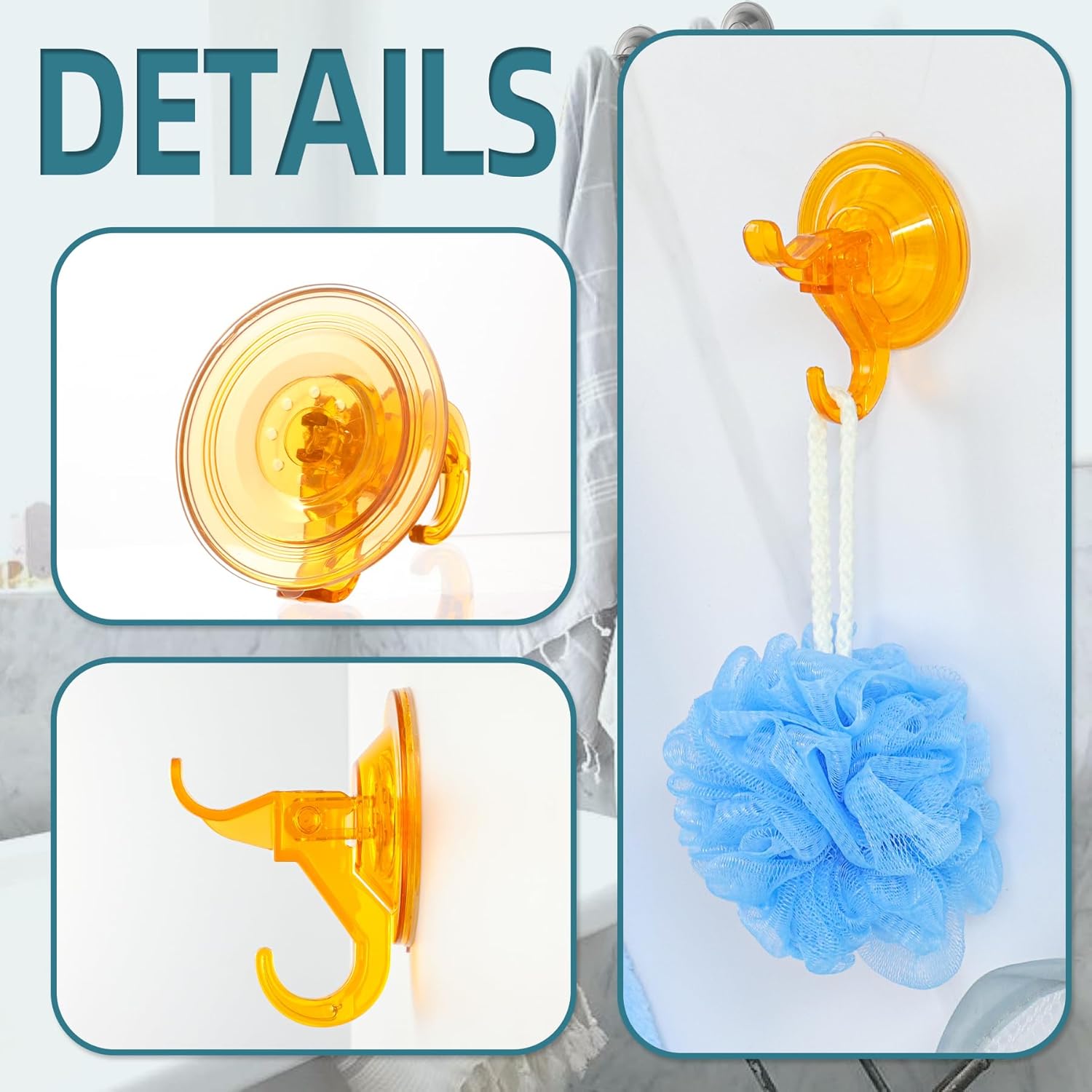 Suction Cup Hooks, 5 Pack Wreath Door Hanger, Removable Small Suction Cups for Shower, Bathroom, Glass, Door, Windows, Kitchen-Up to 11 lbs on Smooth Surface-2 Hooks Design (Transparent Orange)