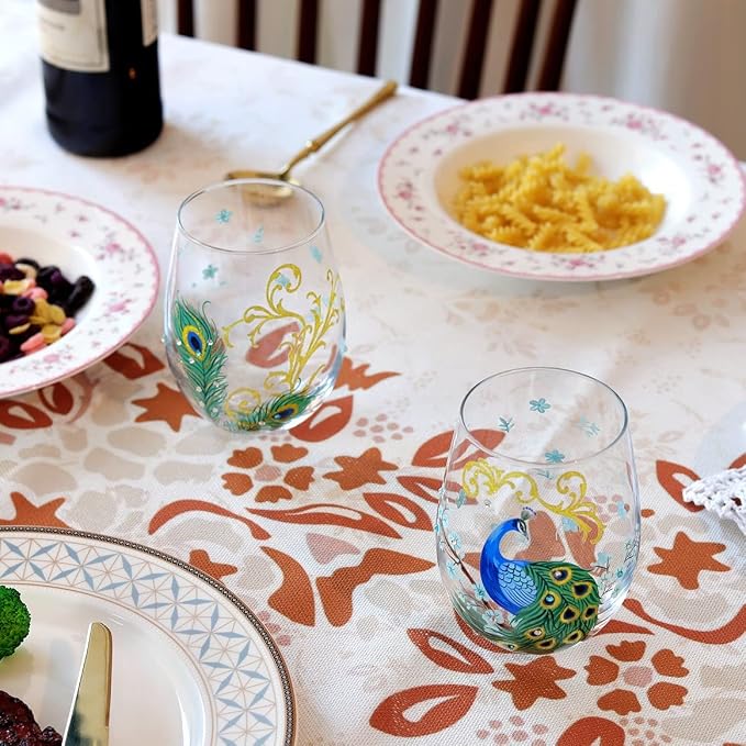 NymphFable Wine Tumbler Hand Painted Stemless Wine Glasses Peacock Set of 2 - Image 3