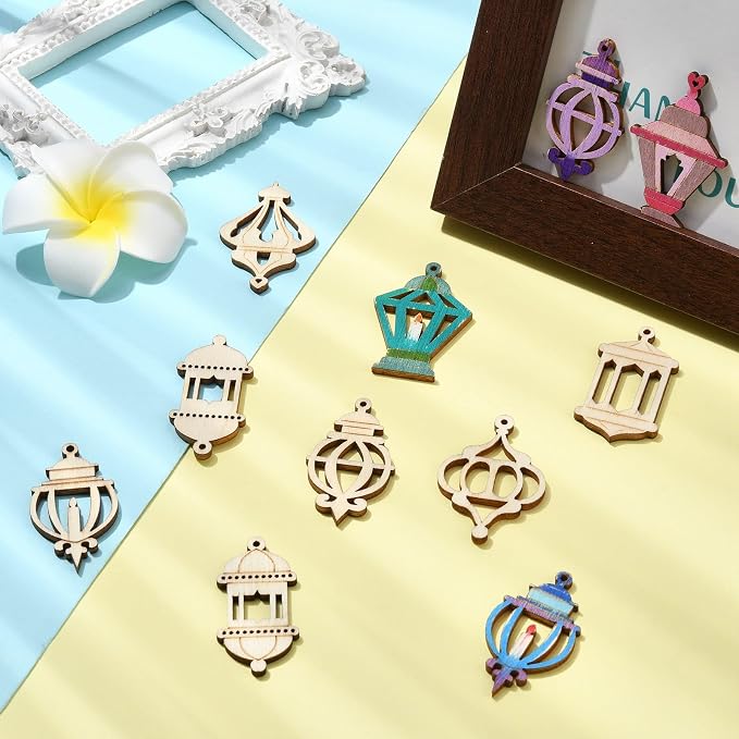 200 pcs Mixed Styles Hollow Lantern Theme Undyed Wood Cutout Charms Pyrography - Image 6