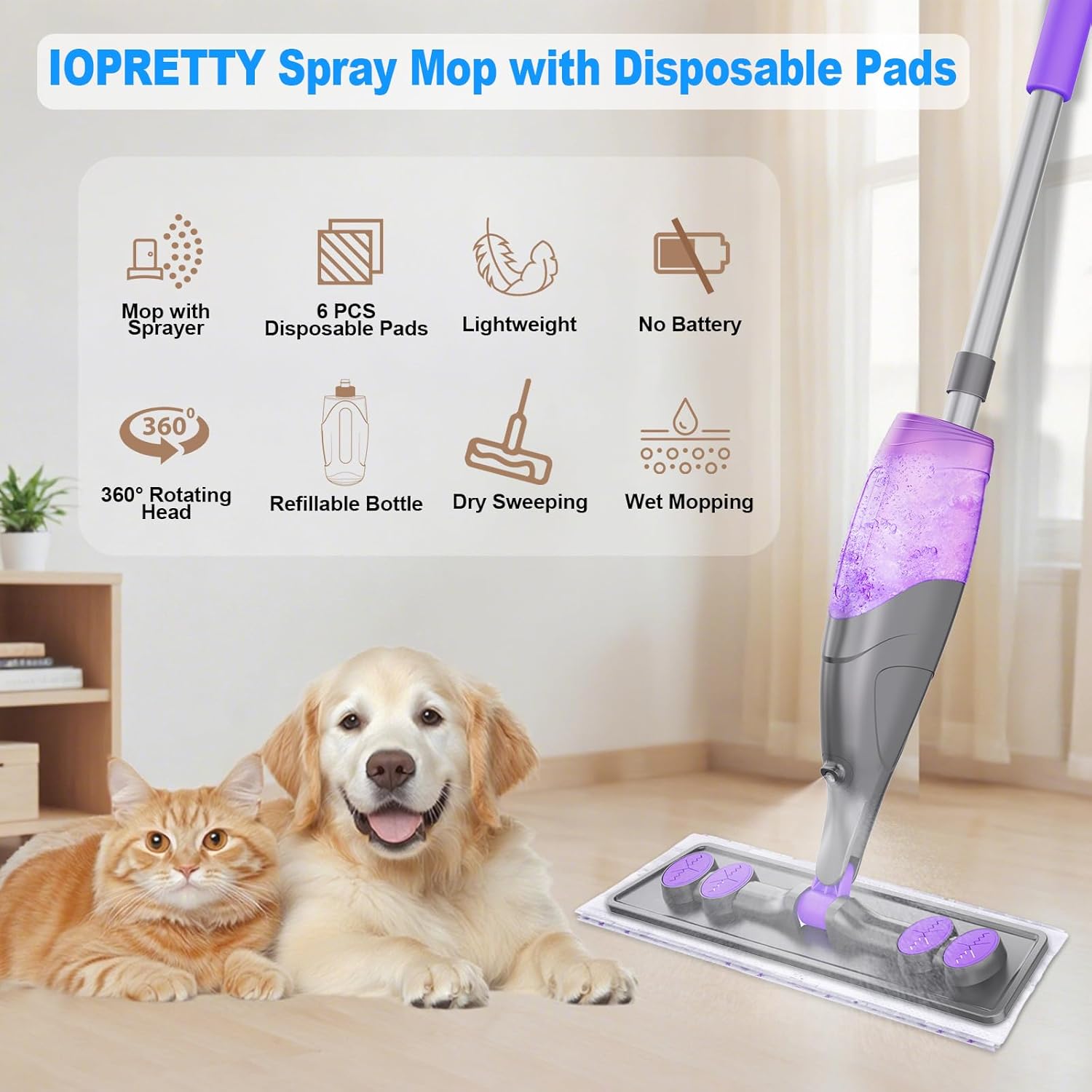 Spray Mops for Floor Cleaning - Wet Dry Mops with 6 Disposable Pads for Swiffer Powermop - Refillable Bottle for Hardwood Tile Home Kitchen - Absorbs Pet Hair Dust Stains