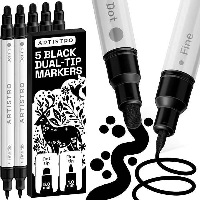 ARTISTRO 5 Black Dual-Tip Acrylic Paint Markers – Paint Pens Set by ARTISTRO