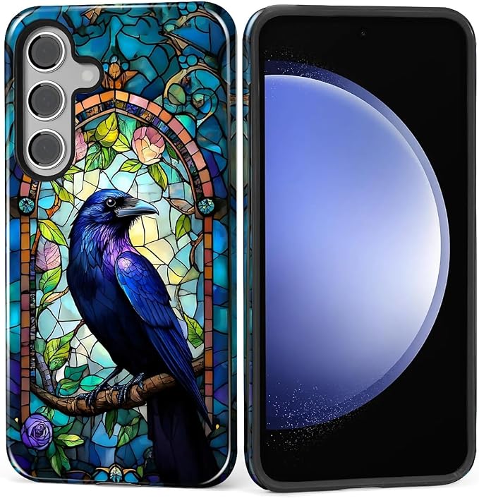 for Samsung Galaxy S25 FE Case, Crow Faux Stained Glass Pattern Glossy 2 in 1 - Image 2