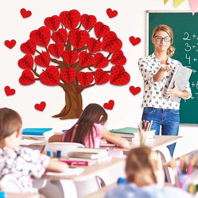 JarThenaAMCS 50Pcs Valentine' s Day Tree Bulletin Board Set 3D Heart Honeycomb - Image 4