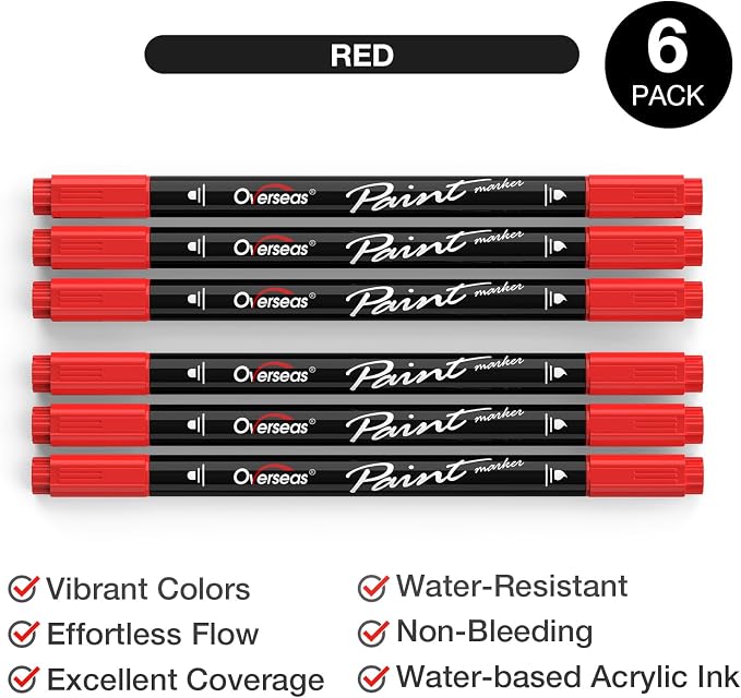 Overseas 6 Red Acrylic Paint Markers, Dual Tip Paint Pens Acrylic Marker | Dot - Image 2